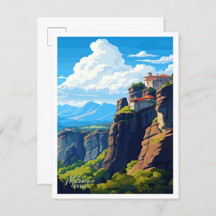 Meteora Greece Vintage Reise Illustration Postkarte