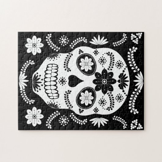 Mexica Zuckerschädel 2 Schwarz-Weiß Puzzle (Horizontal)