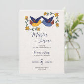 Mexican Birds Floral Blue Yellow Charming Wedding Einladung (Stehend Vorderseite)