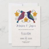 Mexican Birds Floral Magenta Navy Blue Wedding Einladung (Vorderseite)