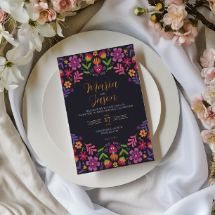 Mexican Black Floral Fiesta Nuestra Boda Wedding Einladung