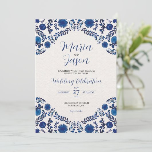 Mexican Blue Floral Aesthetic Botanical Wedding Einladung (Stehend Vorderseite)