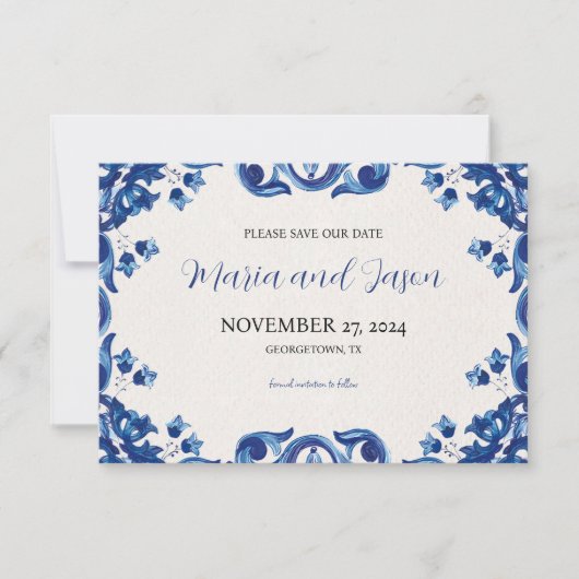 Mexican Blue Floral Elegant Fiesta Wedding Save The Date (Vorderseite)