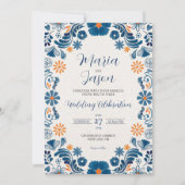 Mexican Blue Orange Floral Elegante Fiesta Wedding Einladung (Vorderseite)