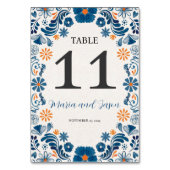 Mexican Blue Orange Floral Elegante Fiesta Wedding Tischnummer (Vorderseite)