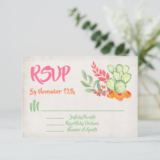Mexican Cactus Wedding RSVP Response Cards (Stehend Vorderseite)