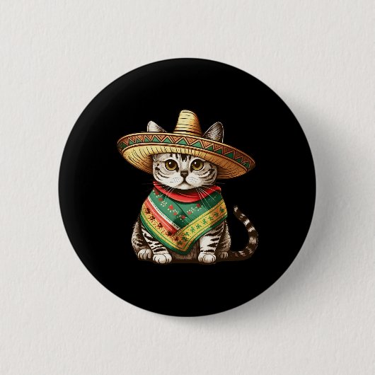 Mexican Cat Wear Sombrero Hat und Poncho Cinco Button (Vorderseite)