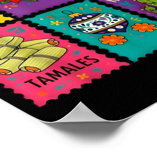 Mexican Christmas Stamps Chocolate Tamales Xmas Poster (Ecke)