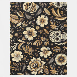 Mexican Dead and Floral Black Art Poker Fleecedecke