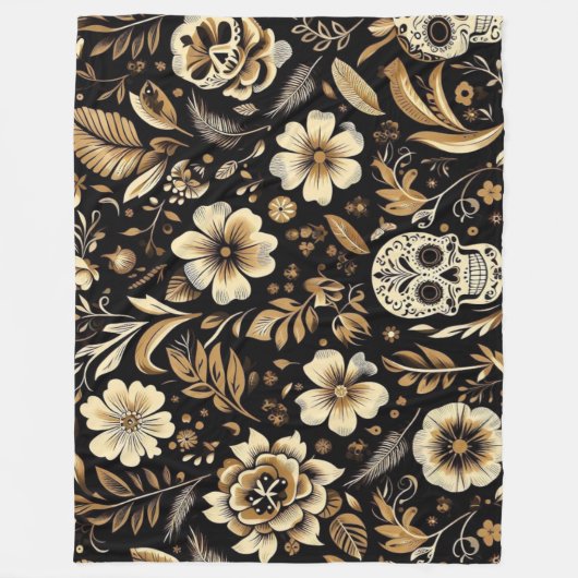 Mexican Dead and Floral Black Art Poker Fleecedecke (Vorderseite)