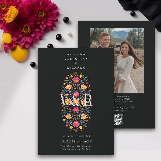 Mexican Eleganto Modern Floral QR Foto Wedding Save The Date