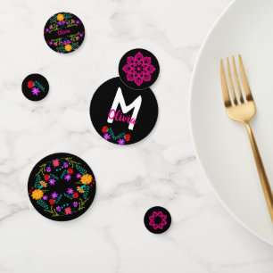 Mexican Fiesta Black Pink Floral Monogram Name Konfetti