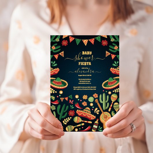 Mexican Fiesta Bloral Black Colorful Baby Dusche Einladung