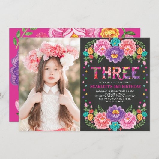 Mexican Fiesta Blume 3rd Girls Birthday Foto Einladung (Vorne/Hinten)