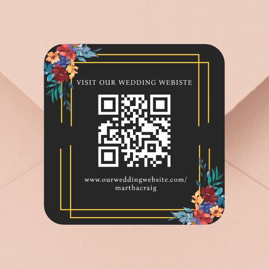 Mexican Fiesta Blume Hochzeit QR Code Black Quadratischer Aufkleber