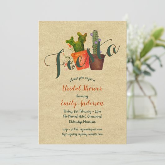 Mexican Fiesta Brautparty Rustic Cacti Cactus Einladung (Stehend Vorderseite)