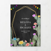 Mexican Fiesta Cactus Floral Black Wedding Dreifach Gefaltete Einladung (Cover)