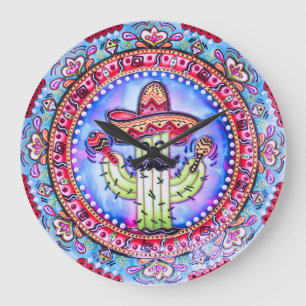 Mexican Fiesta Cinco de Mayo Sombrero Hat Blue Red Große Wanduhr