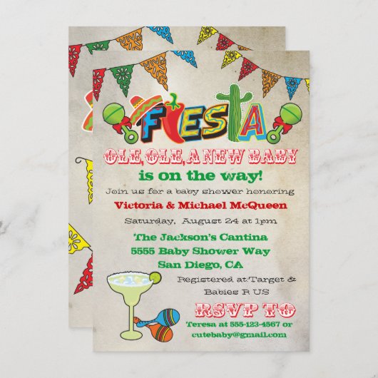 Mexican Fiesta Couples Kinderdusche Einladung (Vorne/Hinten)