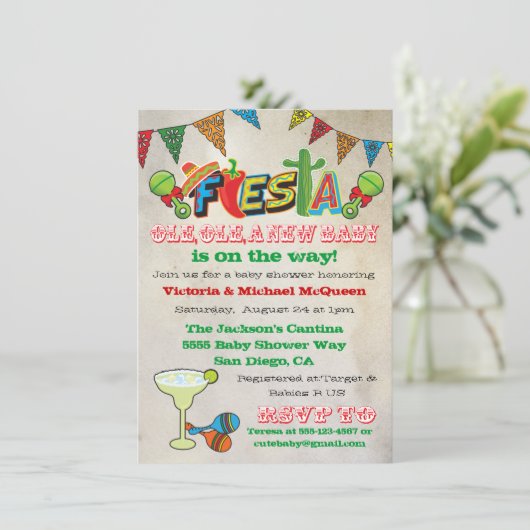 Mexican Fiesta Couples Kinderdusche Einladung (Stehend Vorderseite)