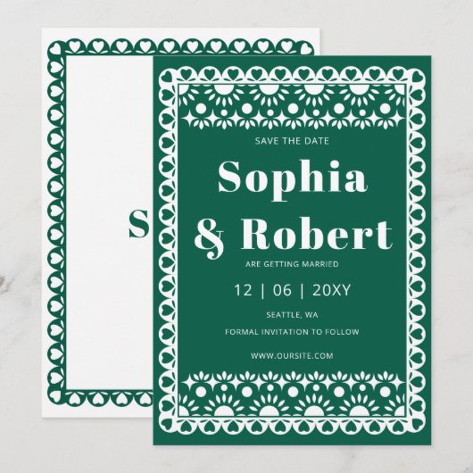 Mexican Fiesta Emerald Papel Picado Boho Wedding Save The Date (Vorne/Hinten)