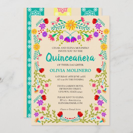 Mexican Fiesta Floral Champagne Quinceanera Einladung (Vorne/Hinten)