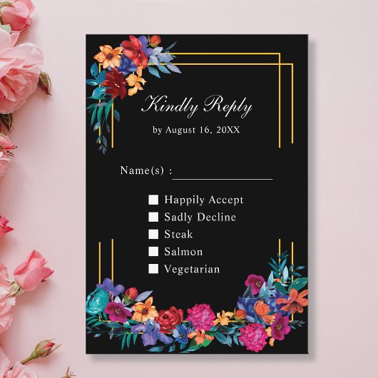Mexican Fiesta Floral Wedding Black RSVP Card Begleitkarte