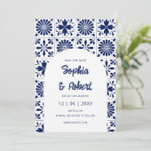 Mexican Fiesta Navy Blue Talavera Tiles Save The Date (Stehend Vorderseite)