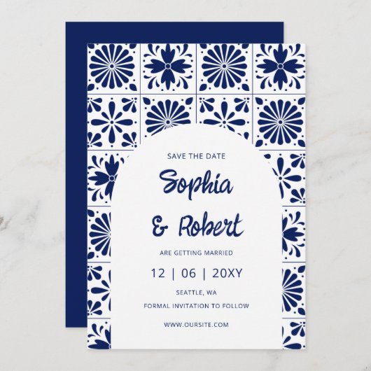 Mexican Fiesta Navy Blue Talavera Tiles Save The Date (Vorne/Hinten)