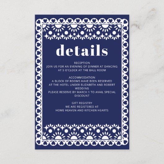 Mexican Fiesta Navy Papel Picado Boho Wedding Begleitkarte (Vorderseite)