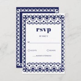 Mexican Fiesta Navy Papel Picado Boho Wedding RSVP Karte