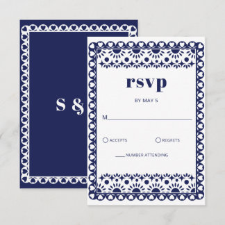 Mexican Fiesta Navy Papel Picado Boho Wedding RSVP Karte