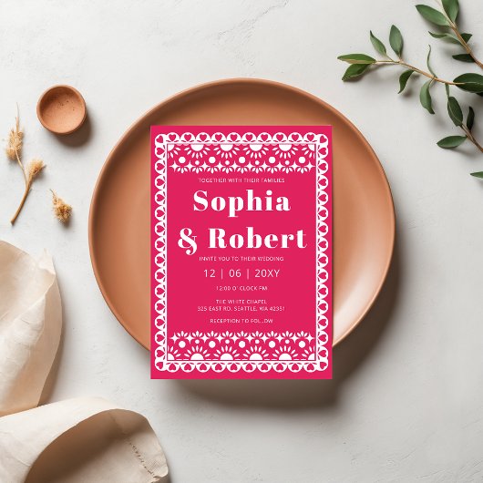 Mexican Fiesta Pink Papel Picado Boho Wedding Einladung