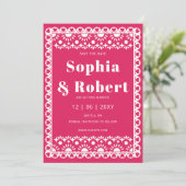 Mexican Fiesta Pink Papel Picado Boho Wedding Save The Date (Stehend Vorderseite)