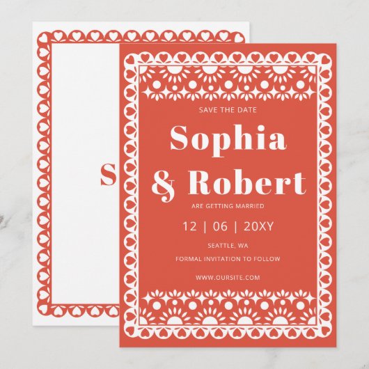 Mexican Fiesta Red Papel Picado Boho Wedding Save The Date (Vorne/Hinten)
