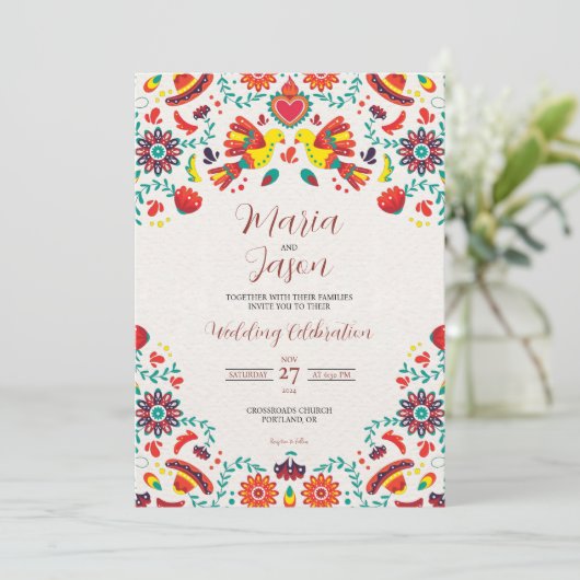 Mexican Fiesta Sombrero Folk Art Wedding Einladung (Stehend Vorderseite)