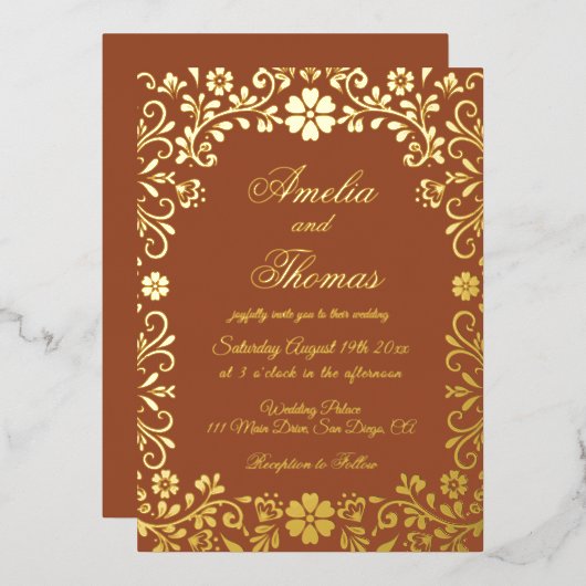 Mexican Fiesta Terracotta Gold Floral Wedding Folieneinladung (Vorderseite/Rückseite)