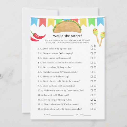 Mexican Fiesta "This or That" Brautparty Game Einladung (Vorderseite)