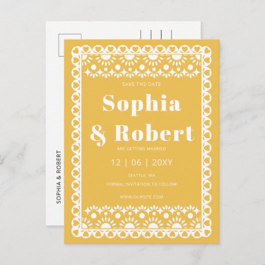 Mexican Fiesta Yellow Papado Picado Save the Date Ankündigungspostkarte (Vorne/Hinten)