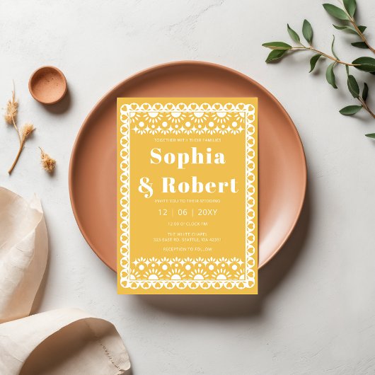 Mexican Fiesta Yellow Papel Picado Boho Wedding Einladung