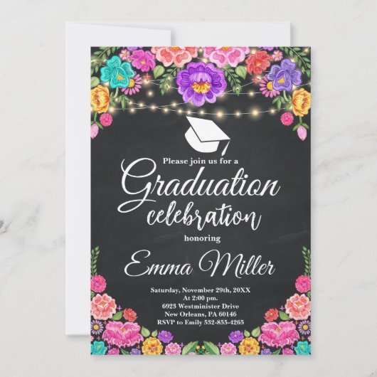 Mexican Floral Chalkboard Graduation Party Einladung (Vorderseite)