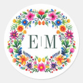 Mexican Folk Art Floral Monogram Runder Aufkleber (Vorderseite)