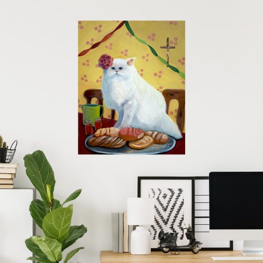 Mexican Folk Inspired White Cat Wall Art Poster (Heimbüro)