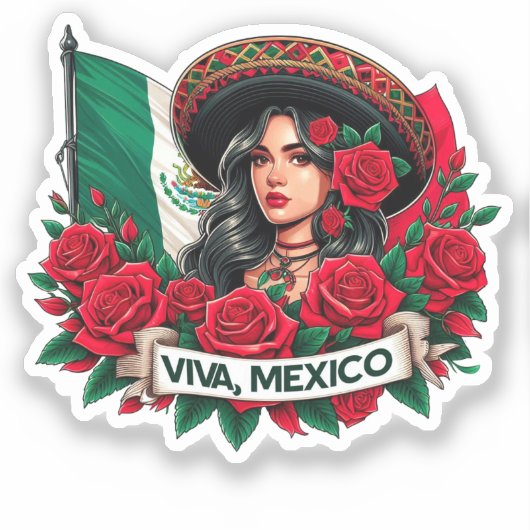 Mexican Girl Viva mexico Flag Art Illustration Aufkleber (Vorderseite)