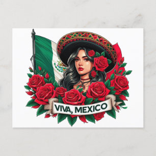 Mexican Girl Viva mexico Flag Art Illustration Postkarte