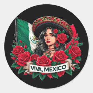 Mexican Girl Viva mexico Flag Art Illustration Runder Aufkleber