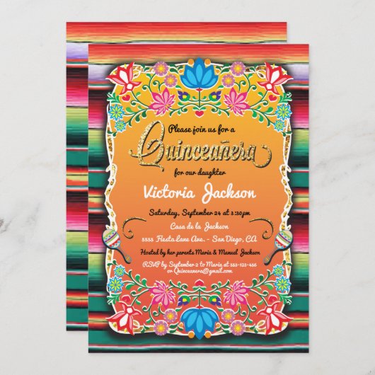 Mexican Gold Fiesta Quinceañera Invisions Einladung (Vorne/Hinten)
