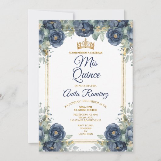 Mexican Gold & Navy Blue Rose 15 Anos MIS QUINCE Einladung (Vorderseite)