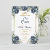 Mexican Gold & Navy Blue Rose 15 Anos MIS QUINCE Einladung (Stehend Vorderseite)