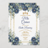 Mexican Gold & Navy Blue Rose 15 Anos MIS QUINCE Einladung (Vorne/Hinten)